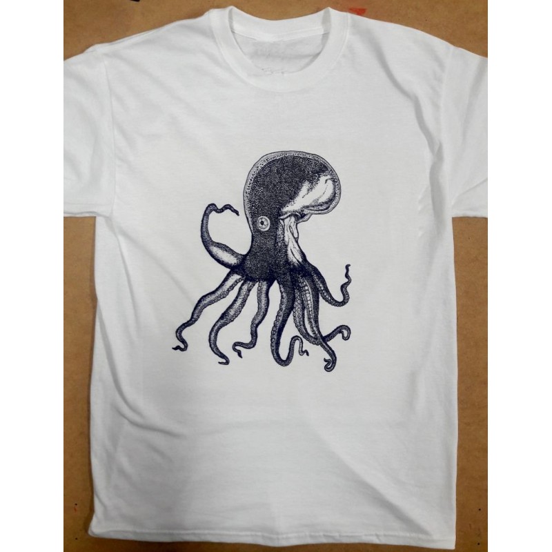 Poulpe sérigraphié sur tee shirt blanc Poulpe sérigraphié sur tee shirt blanc